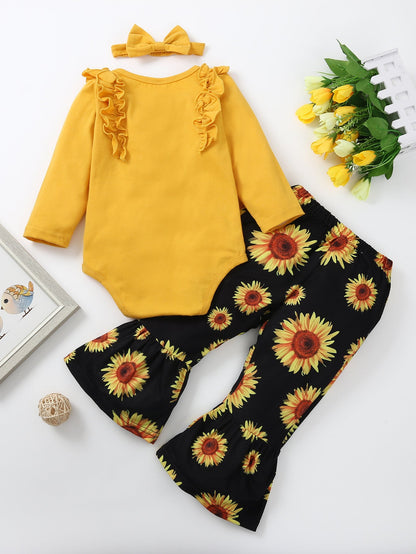 3 Pieces Set Baby Girls Solid Color Print Rompers And Flower Pants And Bow Headwear Wholesale 89266806