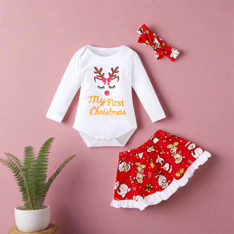 3 Pieces Set Baby Girls Christmas Skirts And Headwear