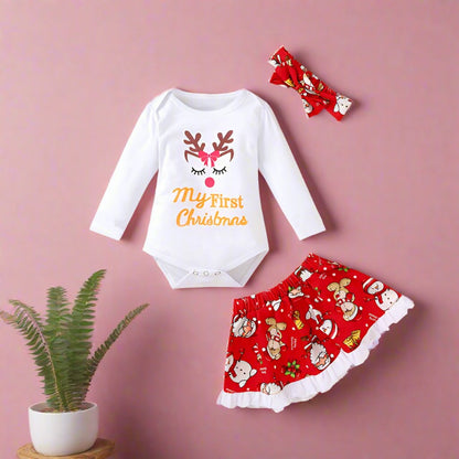 3 Pieces Set Baby Girls Christmas Skirts And Headwear