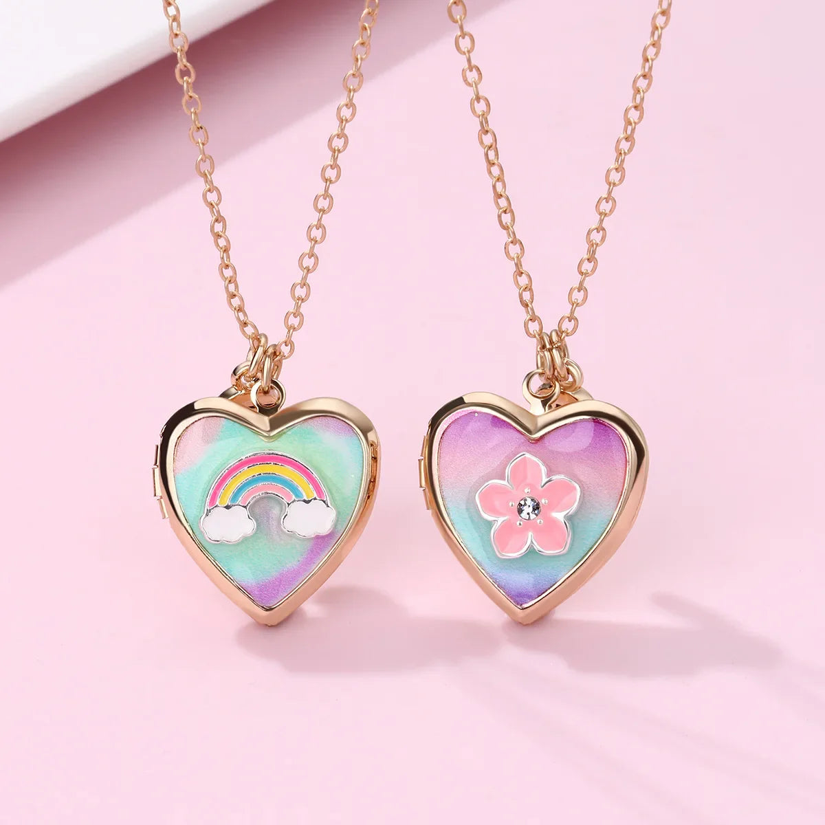 2pc Rainbow and Flower Heart Locket Necklace set