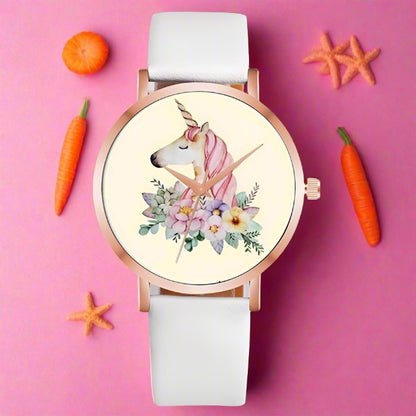 Analog Girl's Watch With Unicorn With Flowers Dial