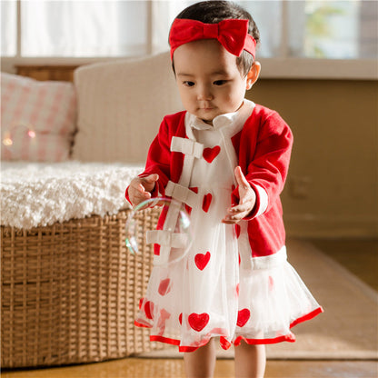 3 Pieces Baby Kid Girls Color-blocking Cardigan  Lace Embroidered Princess Dresses And Bow Headwear Set Wholesale 56569552