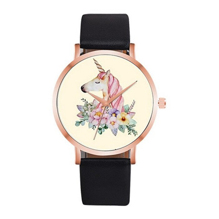 Analog Girl's Watch With Unicorn With Flowers Dial