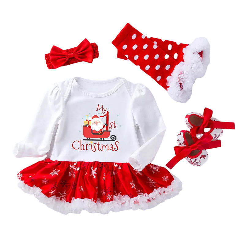 4 Pieces Set Baby Girls Christmas Dresses Bow Shoes Headwear