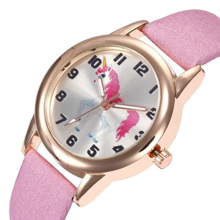 Analog Girl's Watch With Pink Leather Strap And Unicorn Dial