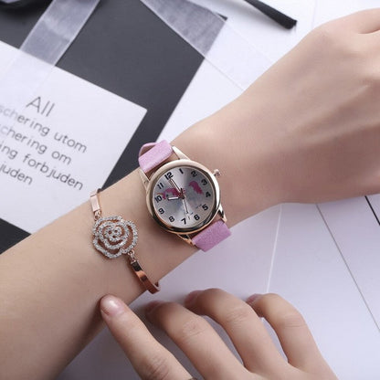 Analog Girl's Watch With Pink Leather Strap And Unicorn Dial