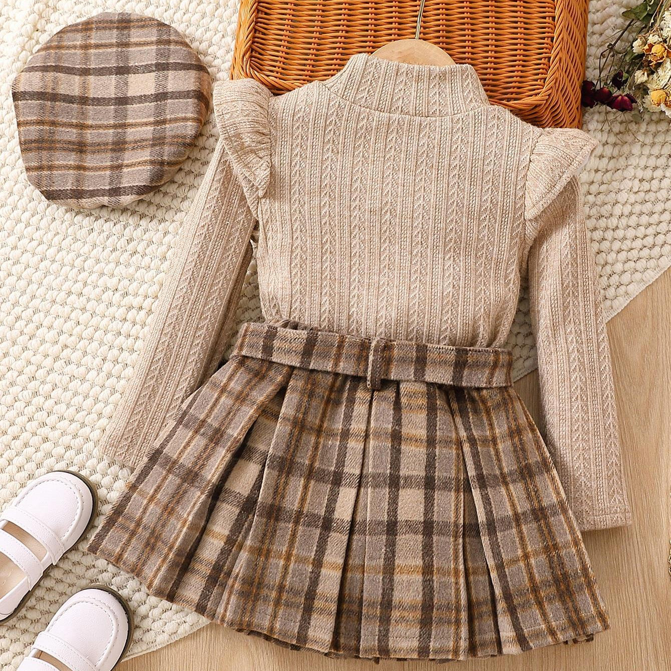 Wholesale Long Sleeve Plaid Pleated Skirt Belt Beret Hat Set of 4 Baby Clothes