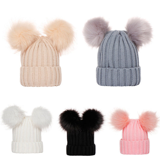 Wholesale Parent-child Hat Threaded Double Fur Ball Knitted Hat Winter Hat