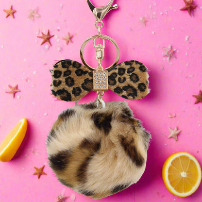 8CM Leopard Print Bow Fur Ball Alloy Keychain