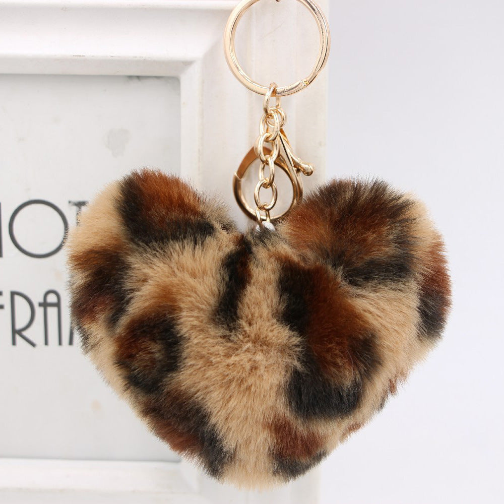 Artificial Fur Heart-shaped Leopard Fur Ball Key Chain