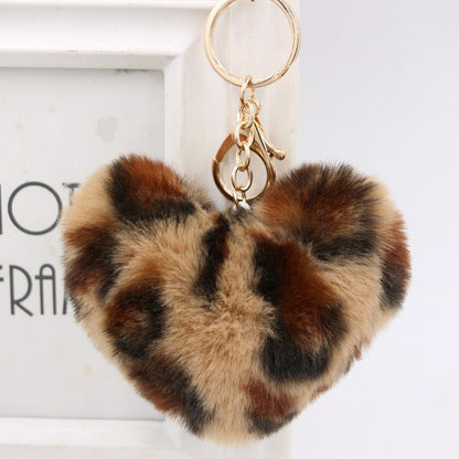 Artificial Fur Heart-shaped Leopard Fur Ball Key Chain