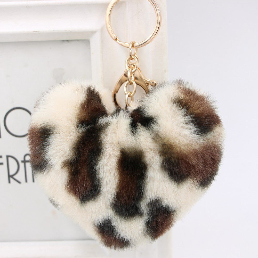 Artificial Fur Heart-shaped Leopard Fur Ball Key Chain