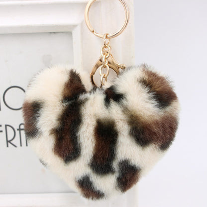 Artificial Fur Heart-shaped Leopard Fur Ball Key Chain