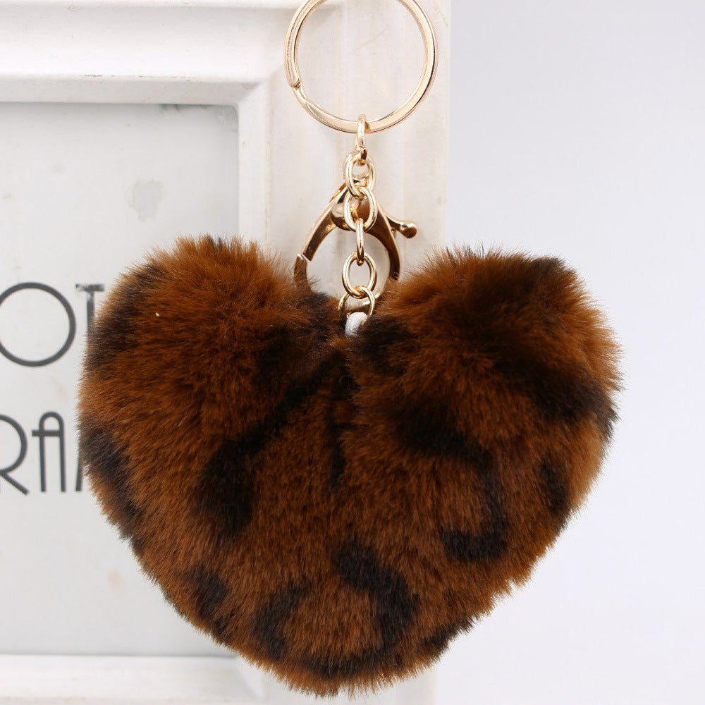 Artificial Fur Heart-shaped Leopard Fur Ball Key Chain