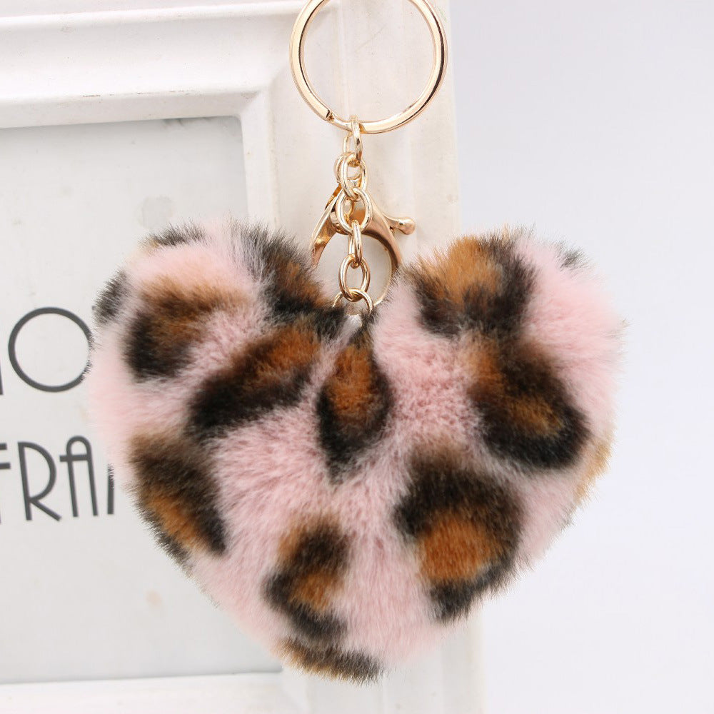 Artificial Fur Heart-shaped Leopard Fur Ball Key Chain