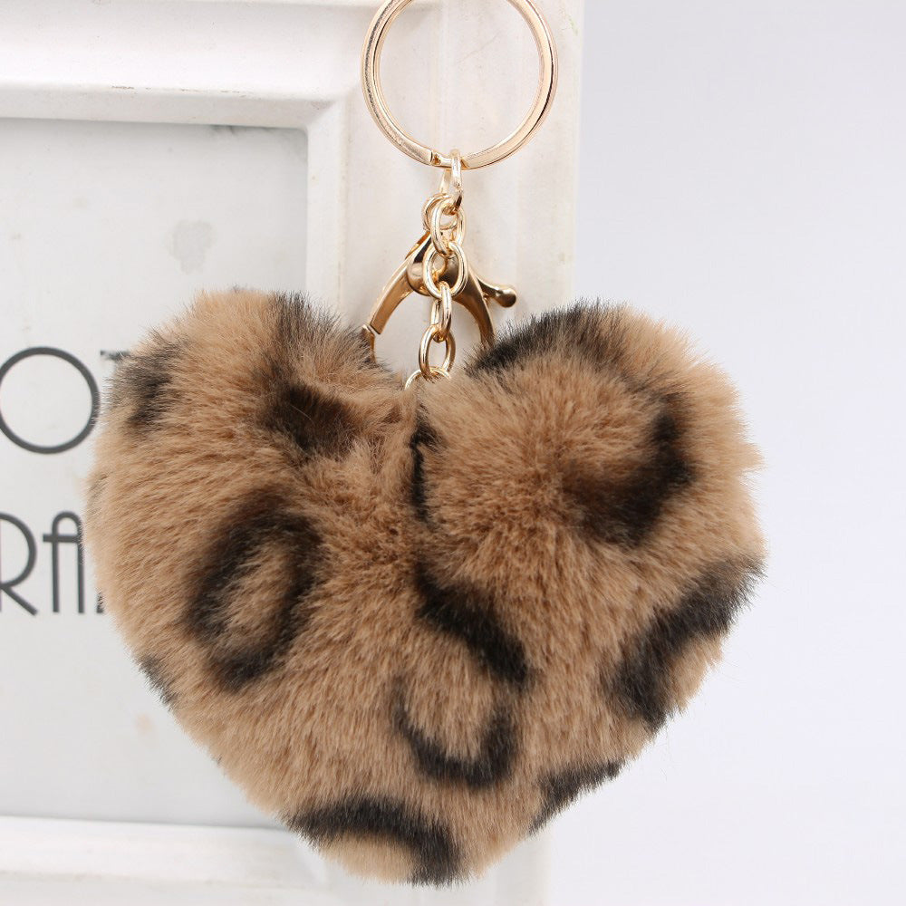 Artificial Fur Heart-shaped Leopard Fur Ball Key Chain