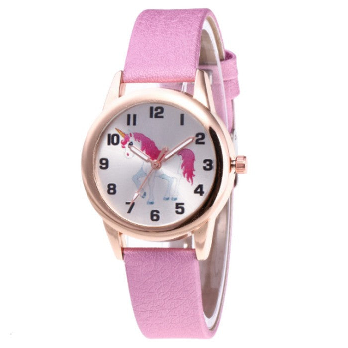 Analog Girl's Watch With Pink Leather Strap And Unicorn Dial