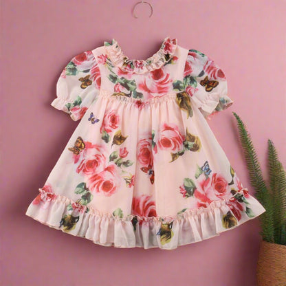 3D Floral Full Print Design Puff Sleeves Baby Princess Dress