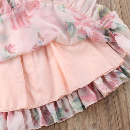 3D Floral Full Print Design Puff Sleeves Baby Princess Dress