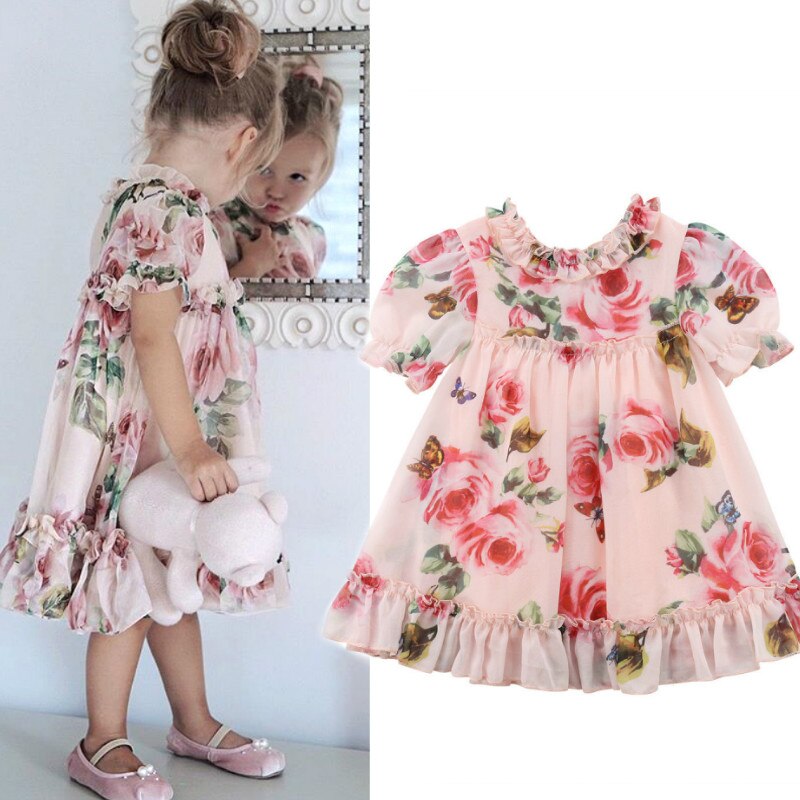 3D Floral Full Print Design Puff Sleeves Baby Princess Dress