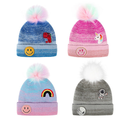 Wholesale Winter Cartoon Gradient Children's Hat Plus Velvet Warm Wool Ball Knitted Hat