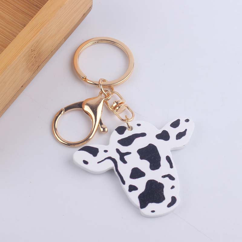 Wooden Colored Cow Head and Cow Pattern Keychains