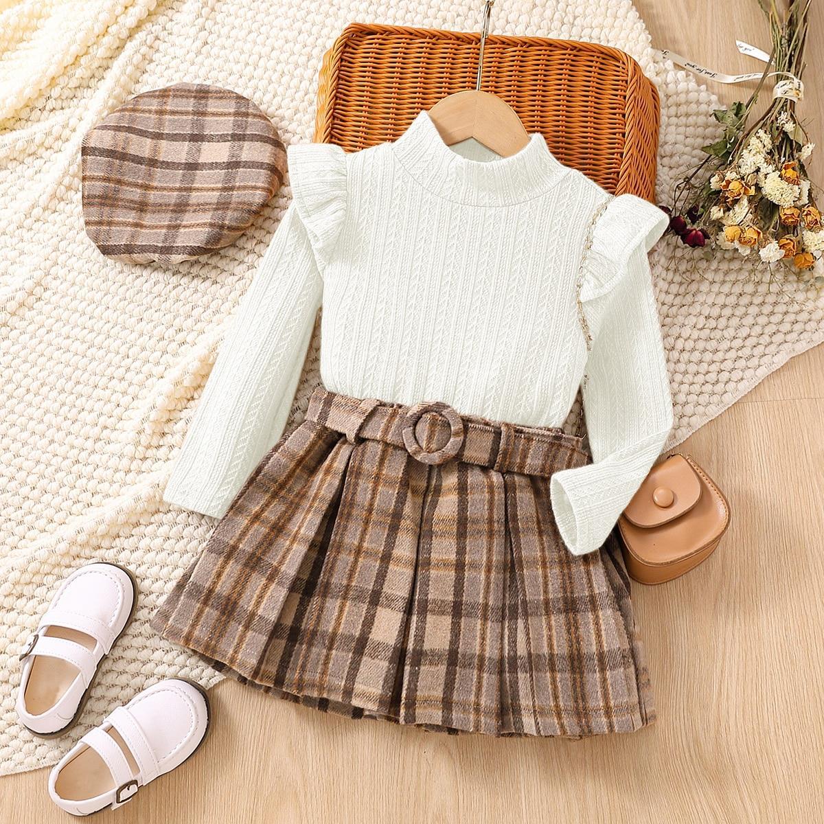 Wholesale Long Sleeve Plaid Pleated Skirt Belt Beret Hat Set of 4 Baby Clothes