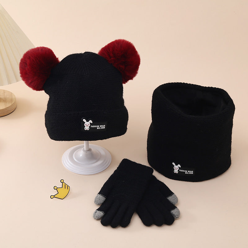 Wholesale Winter Children's Knitted Hat Gloves and Scarf Set with Double Fur Ball and Plush Woolen Hat