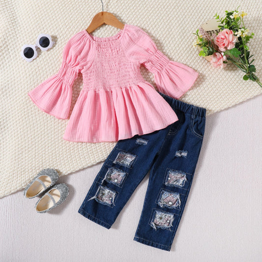 Wholesale of Solid Color Cotton Drawstring Tops and Personalized Jeans Sets