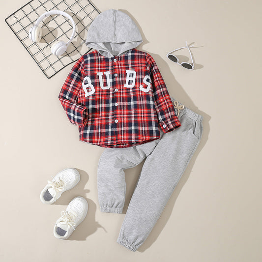 Wholesale Letter Printed Plaid Cotton Hoodie and Pants Set