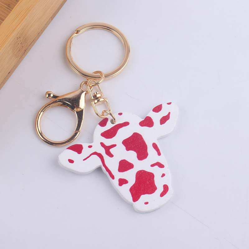 Wooden Colored Cow Head and Cow Pattern Keychains