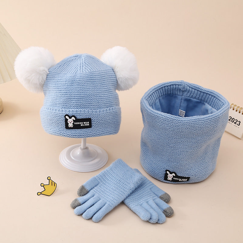 Wholesale Winter Children's Knitted Hat Gloves and Scarf Set with Double Fur Ball and Plush Woolen Hat