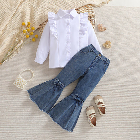 Wholesale Polyester Children's Long Sleeve Shirt Denim Bell Bottoms Two Piece Set