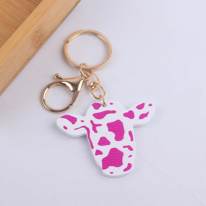 Wooden Colored Cow Head and Cow Pattern Keychains