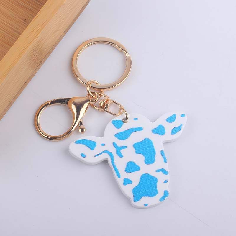 Wooden Colored Cow Head and Cow Pattern Keychains