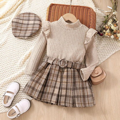 Wholesale Long Sleeve Plaid Pleated Skirt Belt Beret Hat Set of 4 Baby Clothes