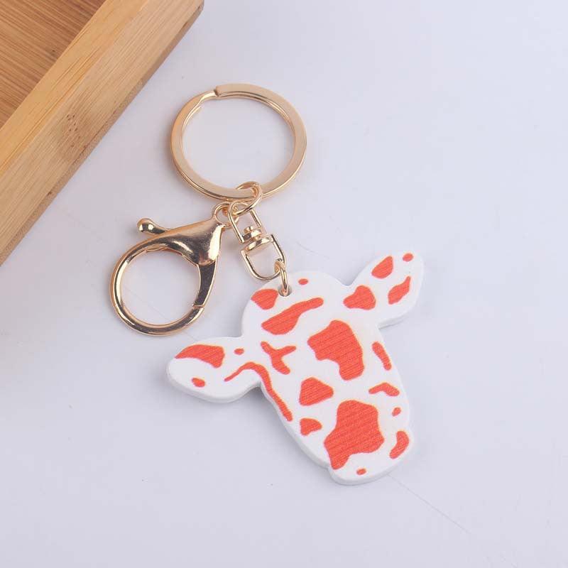 Wooden Colored Cow Head and Cow Pattern Keychains