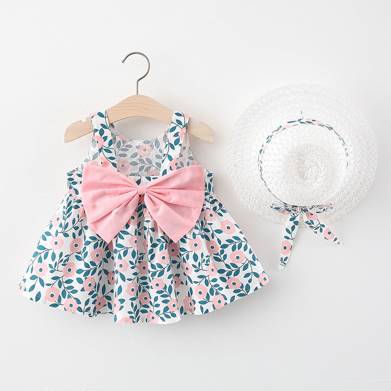 Wholesale Girls Suspenders Cotton Dress with Straw Hat Baby Clothes