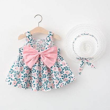 Wholesale Girls Suspenders Cotton Dress with Straw Hat Baby Clothes