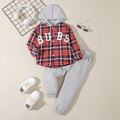 Wholesale Letter Printed Plaid Cotton Hoodie and Pants Set