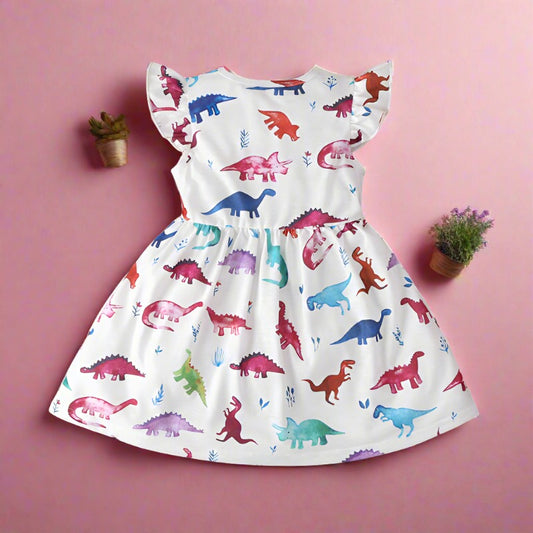 Wholesale Girls Colorful Dinosaur Dress Cotton Baby Clothes