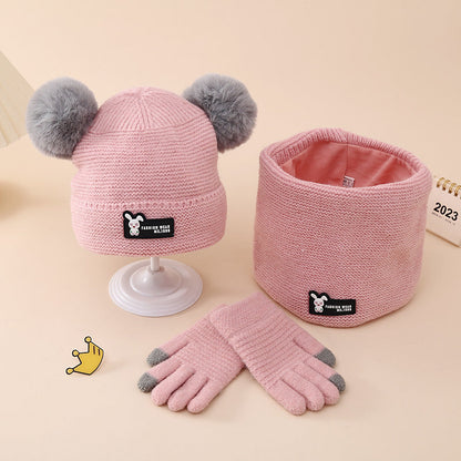 Wholesale Winter Children's Knitted Hat Gloves and Scarf Set with Double Fur Ball and Plush Woolen Hat