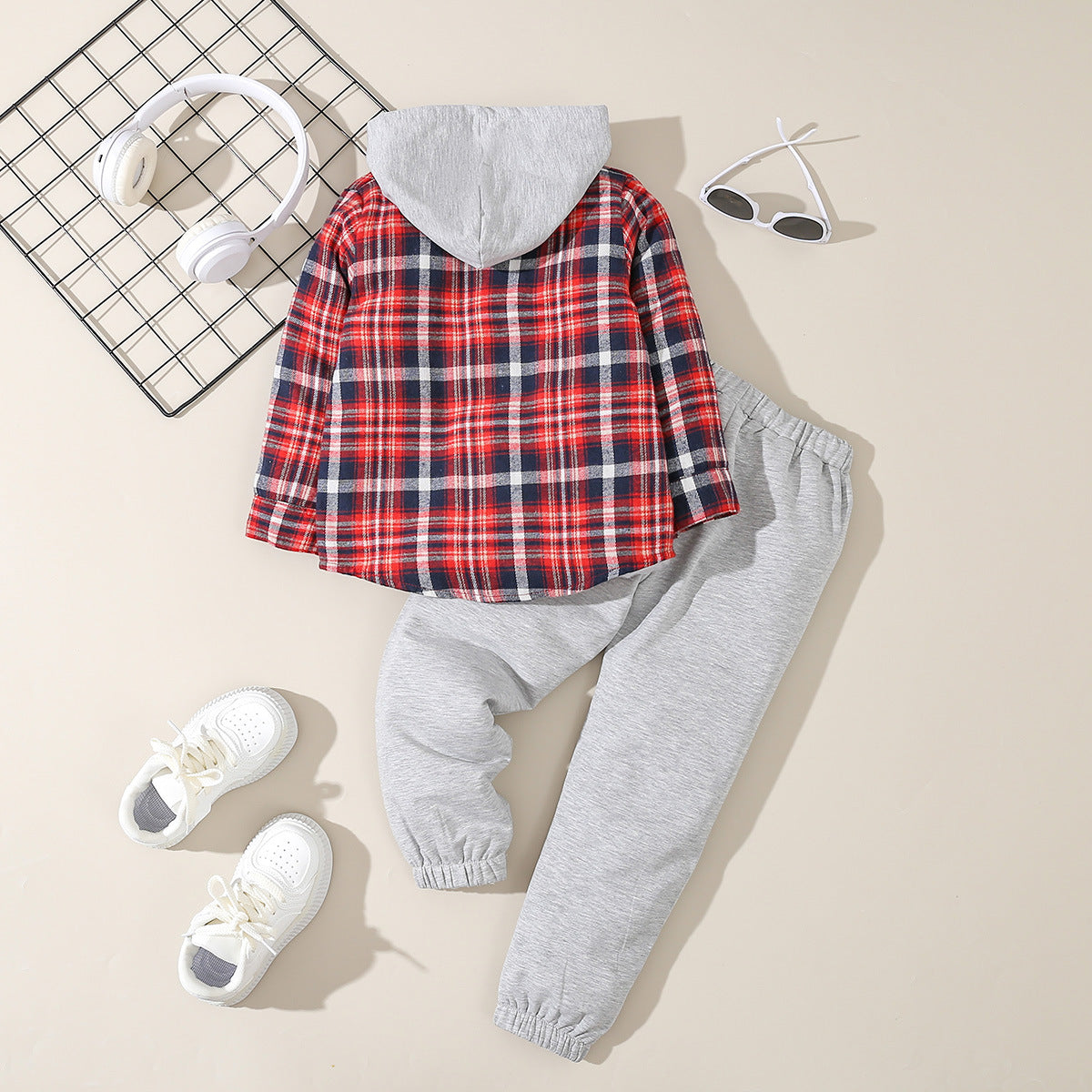 Wholesale Letter Printed Plaid Cotton Hoodie and Pants Set