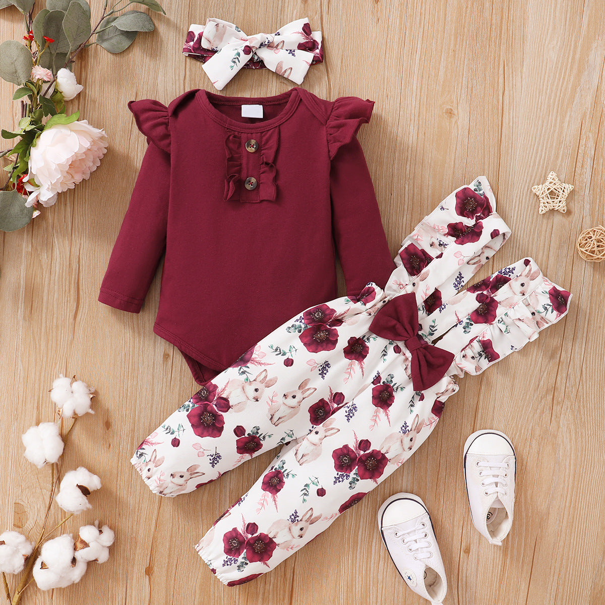 Wholesale Spring and Autumn Solid Color Long-sleeved Top + Flower Printed Suspenders Three-piece Set