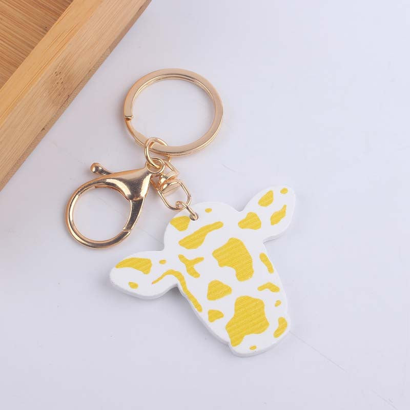 Wooden Colored Cow Head and Cow Pattern Keychains