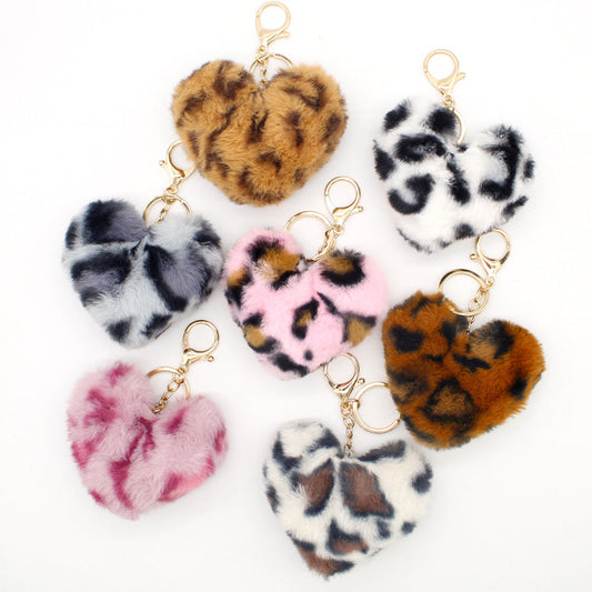 wholesale Imitation Rex Rabbit Fur Leopard Heart Keychain