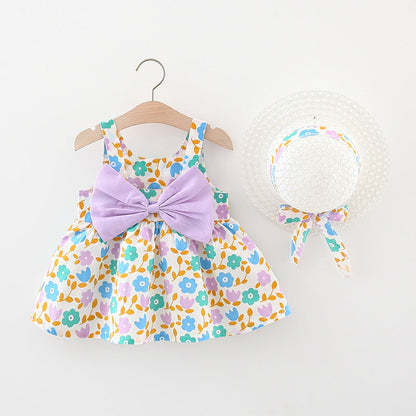 Wholesale Girls Cotton Dress Free Straw Hat Baby Clothes