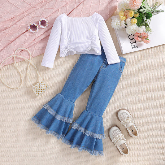 Wholesale Polyester Children's Drawstring Tops Denim Bell Bottoms Two Piece Set