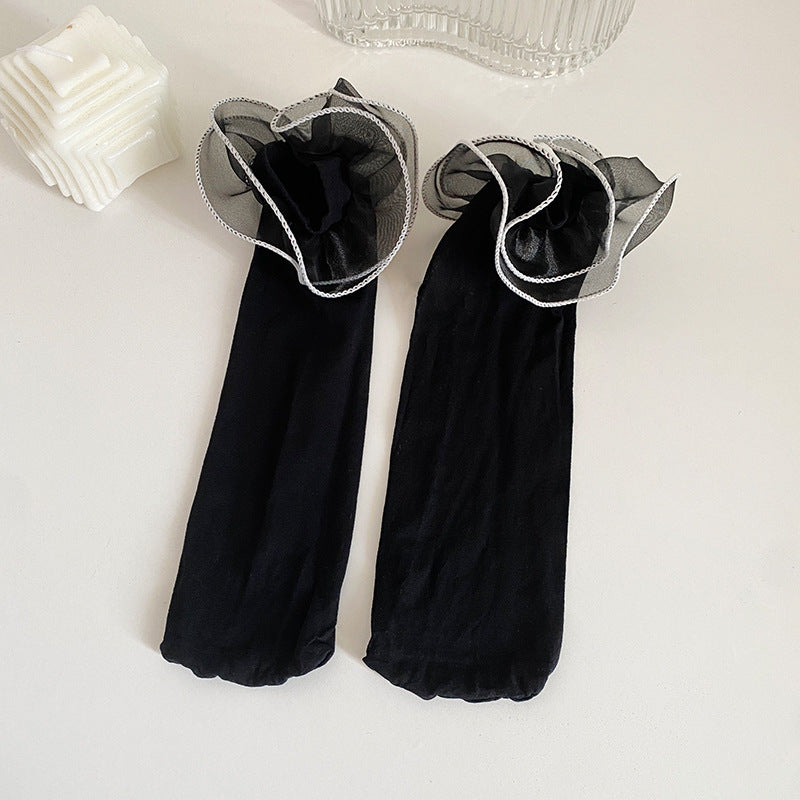 Wholesale Lolita style black and white solid color large lace socks