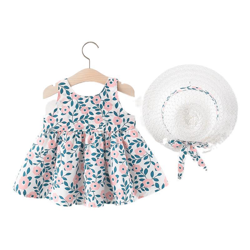 Wholesale Girls Suspenders Cotton Dress with Straw Hat Baby Clothes